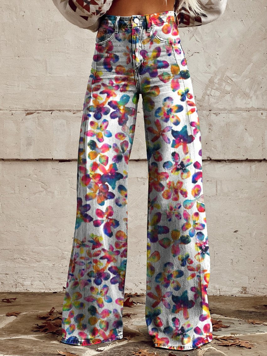 Women's Flowers Print Casual Wide Leg Pants