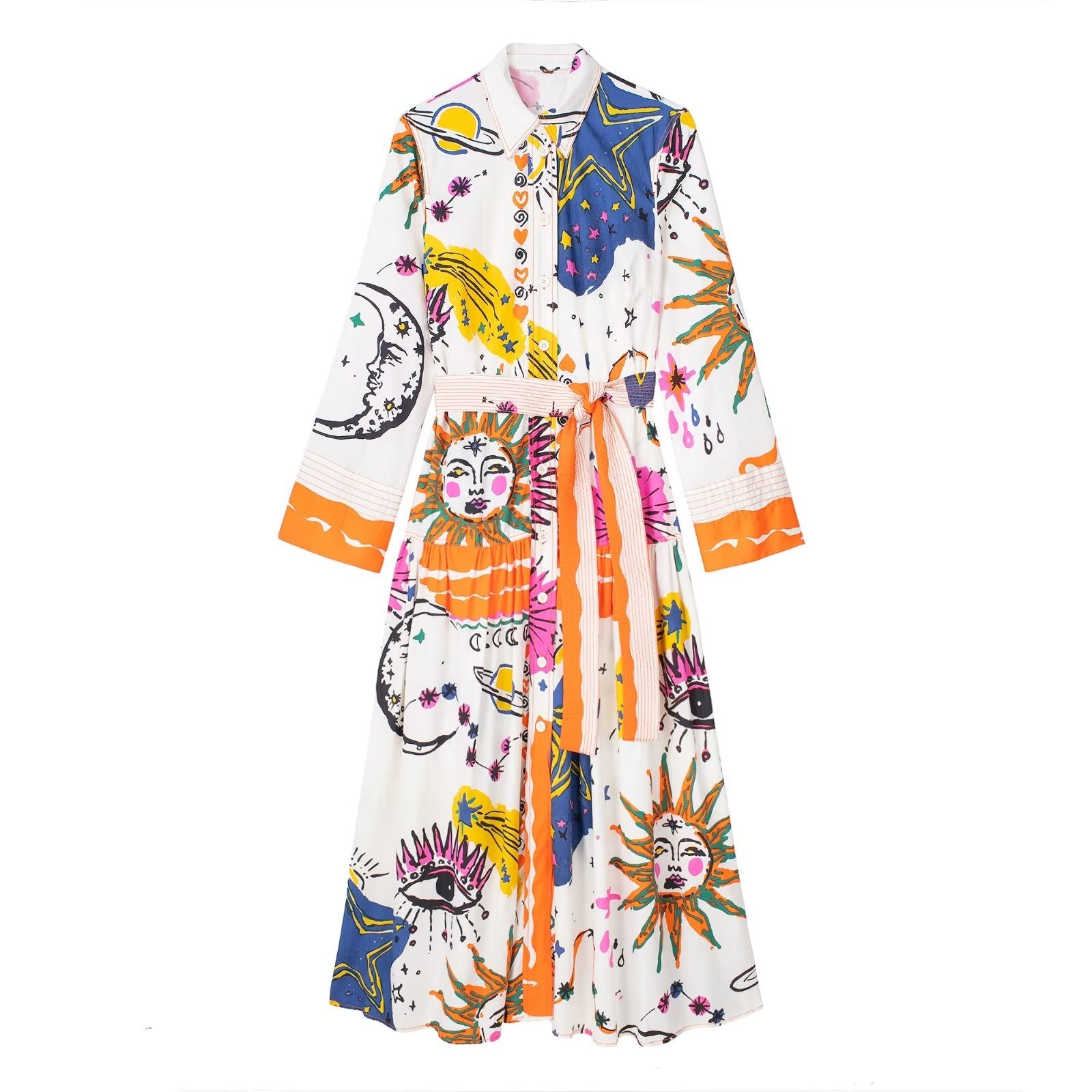 Spring Women Long Sleeve Printed Midi Dress Dress