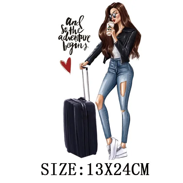 Traveling Girls Iron On Transfers For Hoodies DIY Washable Thermal Stickers On T-shirt Funny Design On Clothes Patches Appliqued