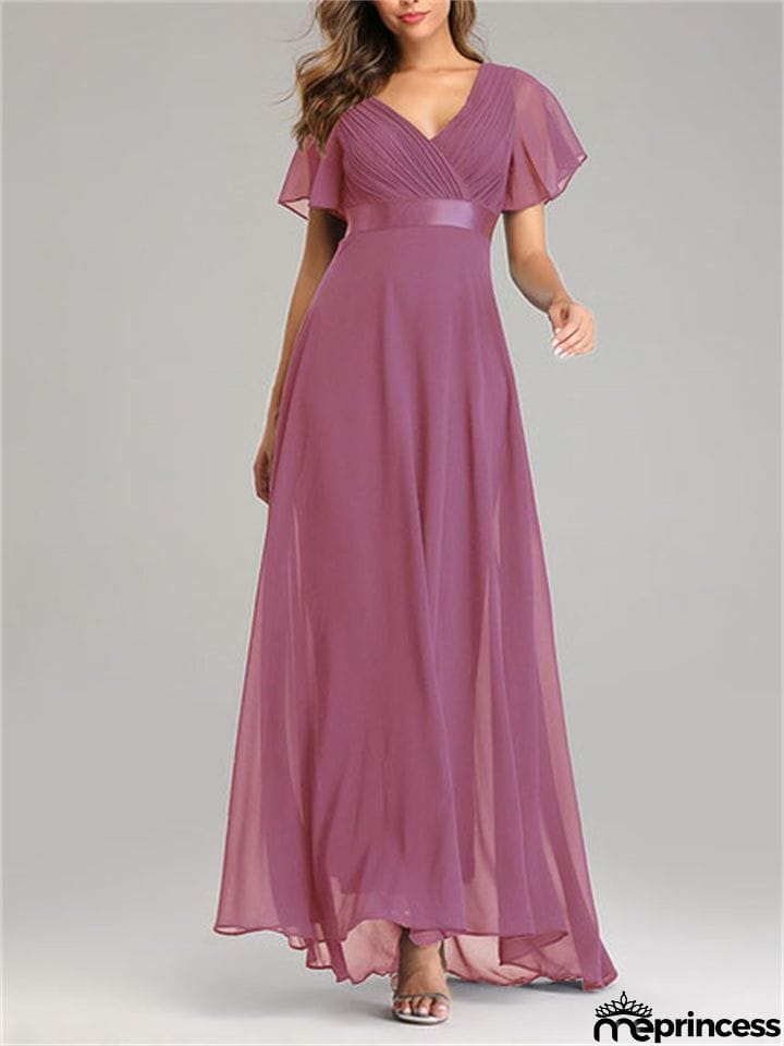 New Elegant V-Neck Ruffles Chiffon Formal Evening Gown Maxi Dresses
