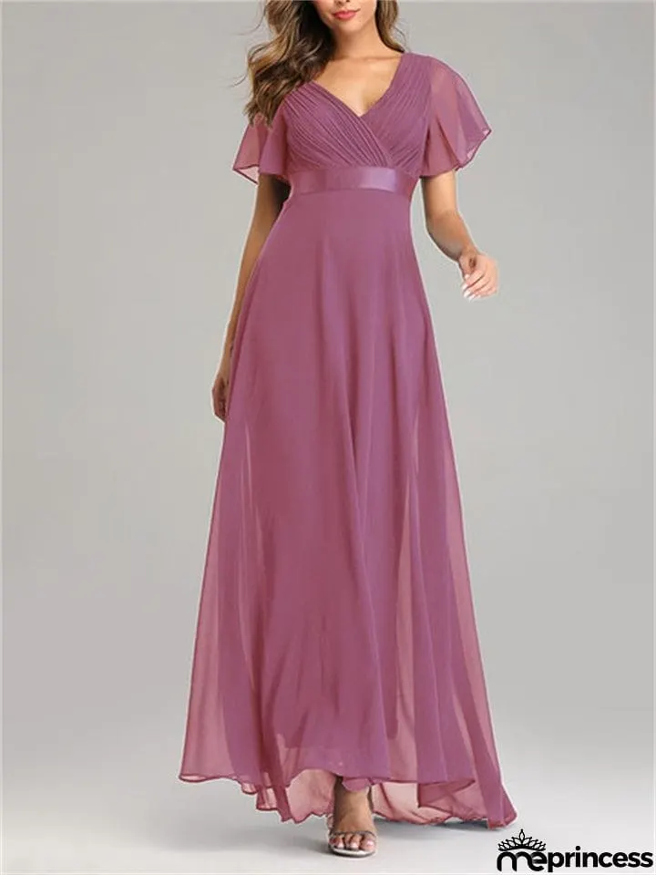 New Elegant V-Neck Ruffles Chiffon Formal Evening Gown Maxi Dresses