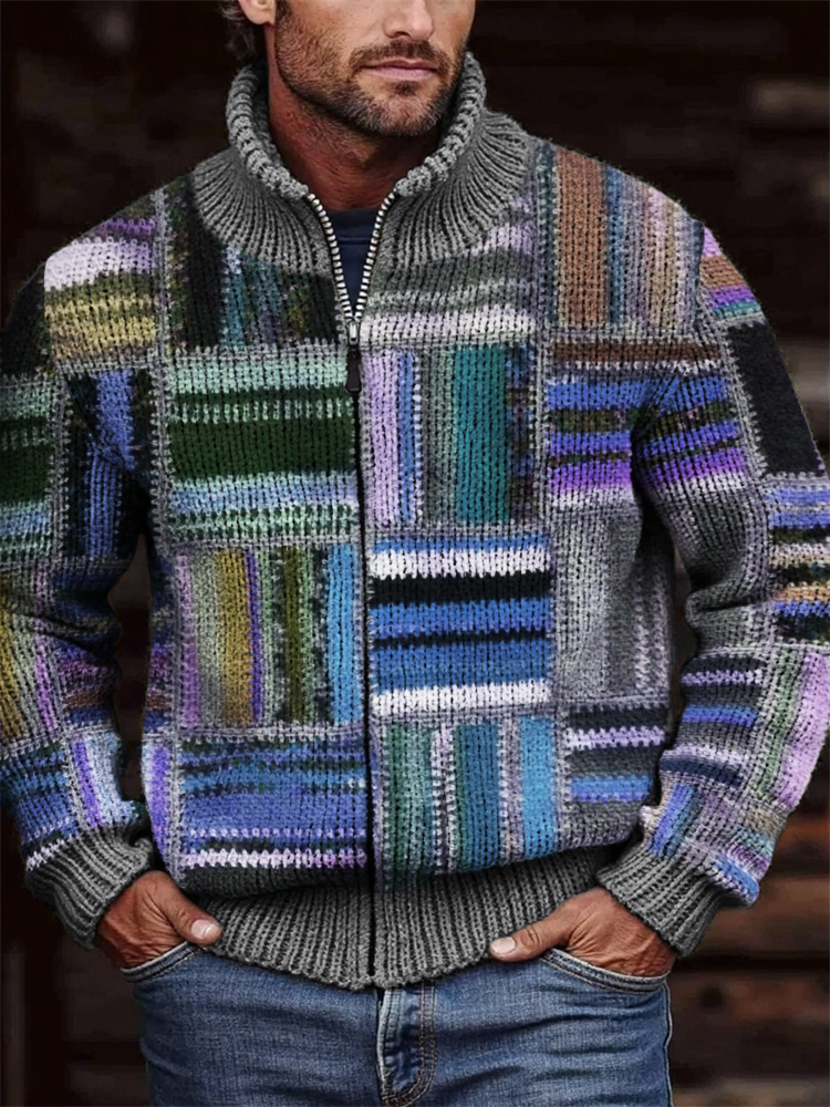 Men's Retro Colorblock Patchwork Cozy Full Zip Cardigan wearshes