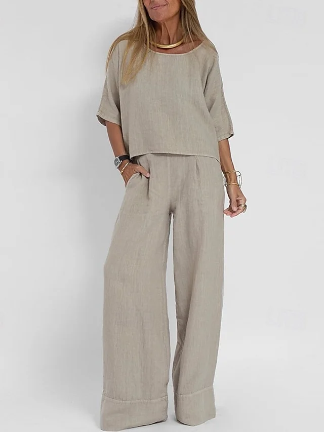 Women's Fashion Streetwear Shirt Linen Pants Pants Trousers Short Sleeve Crew Neck Solid Color Drawstring Daily Wear Date Black Yellow Light Grey Summer Regular Fit