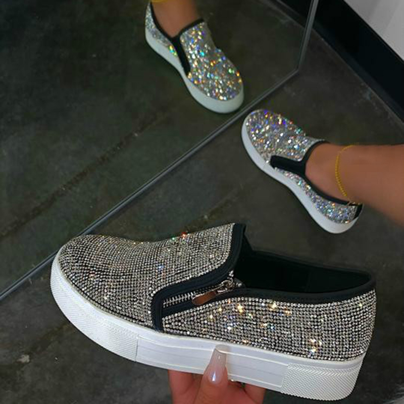 Daily Black Side Zipper Rhinestone Thick Bottom Shoes