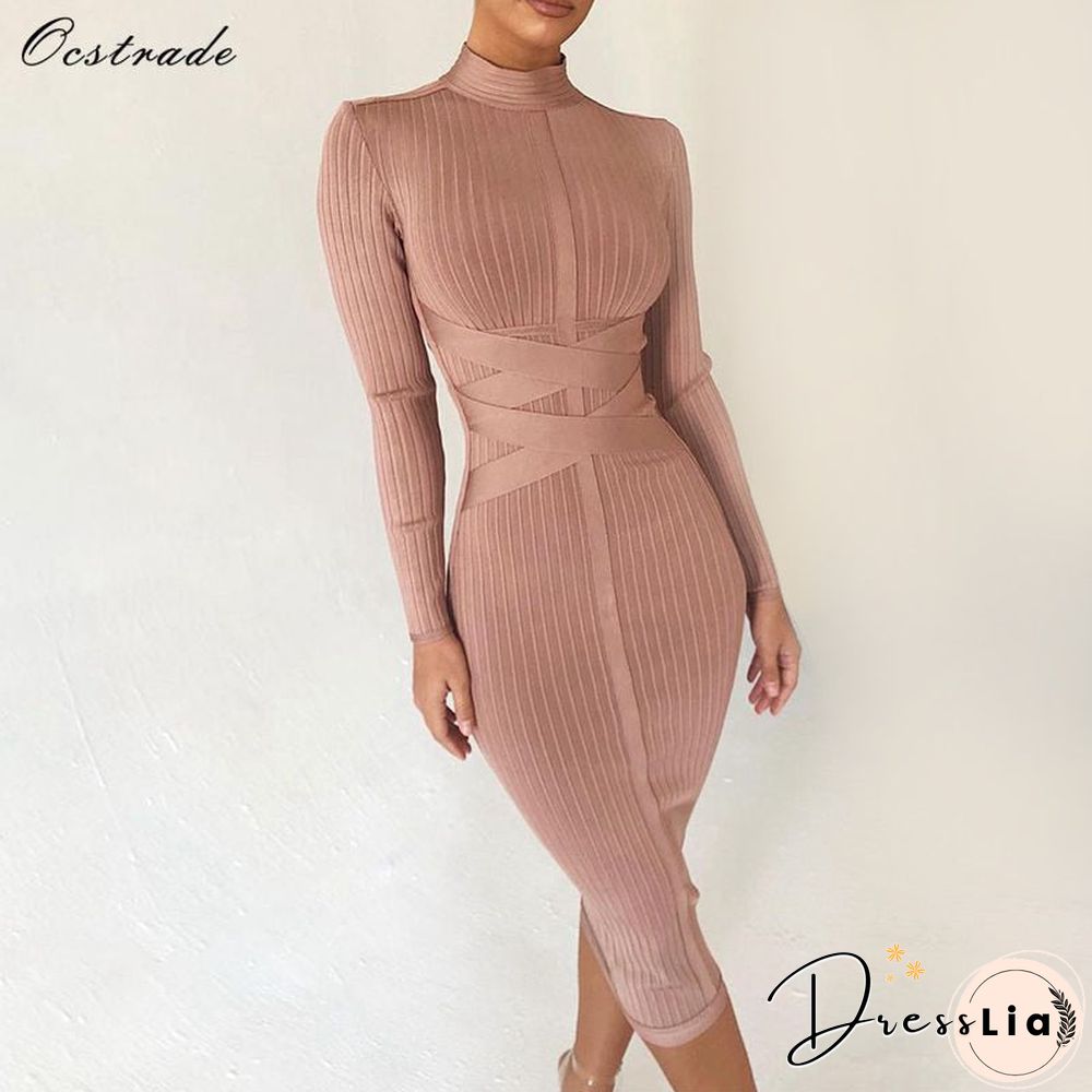 Ocstrade Bodycon Dress Nude Turtleneck Rayon Long Sleeve Bandage Dress High Quality Ribbed Womens Midi Bandage Dress Sexy