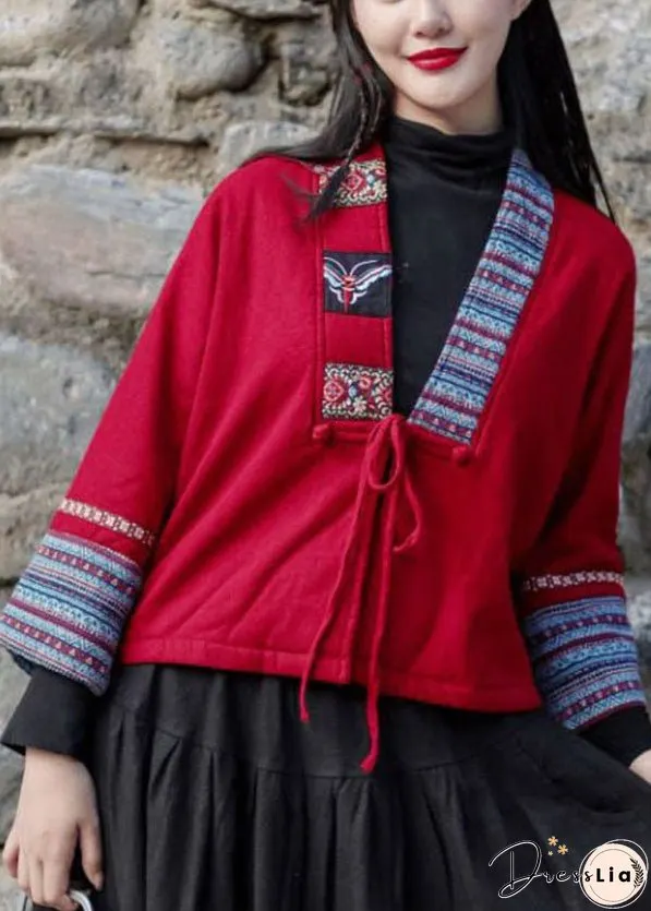 Handmade Red V Neck Embroideried Lace Up Warm Fleece Jacket Winter