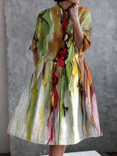 Retro Abstract Art Print Casual Pocket Half Sleeve Dress
