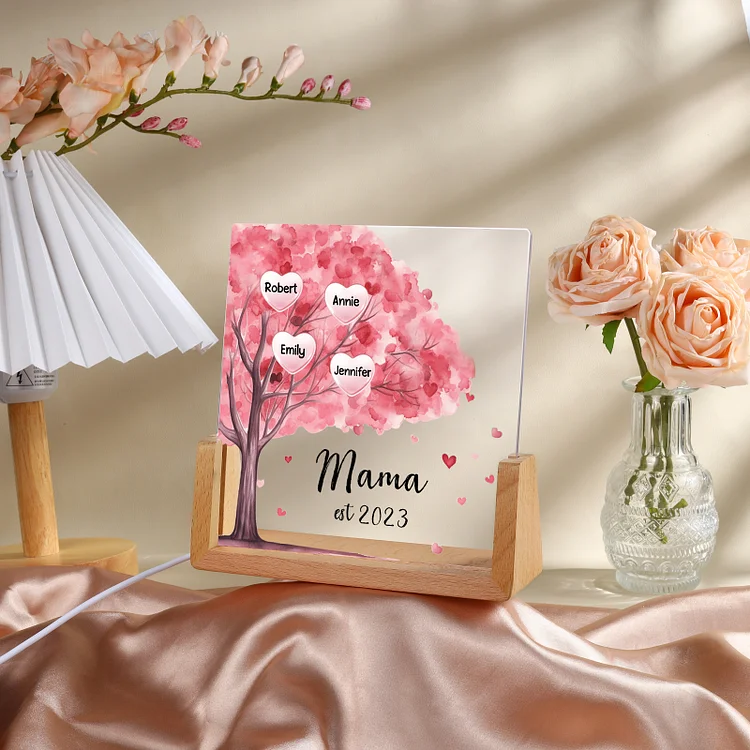 Personalisierte 4 Namen & Text & Datum Rosa Familienbaum Nachtlicht Geschenk für Großmutter/Mutter zum Muttertag