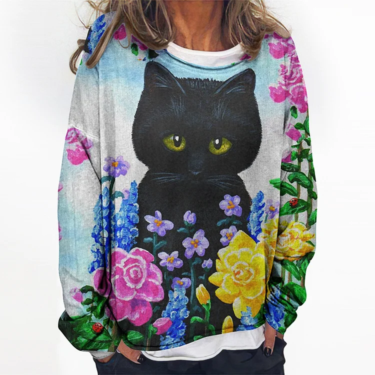 Vefave Topaz Cat Print Long Sleeve Sweatshirt