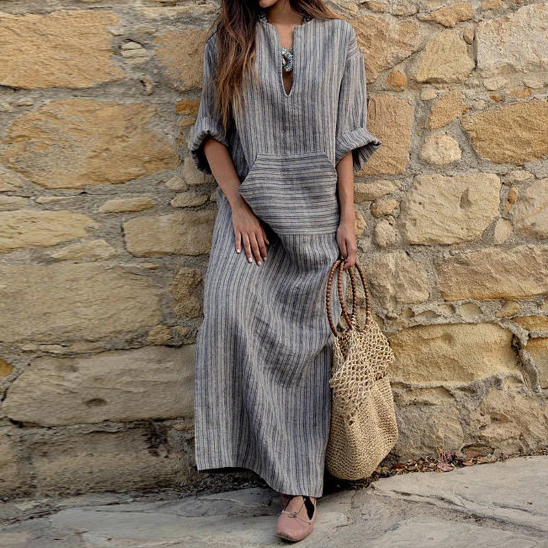 Cotton and Linen Dyed Striped Loose Long Dress