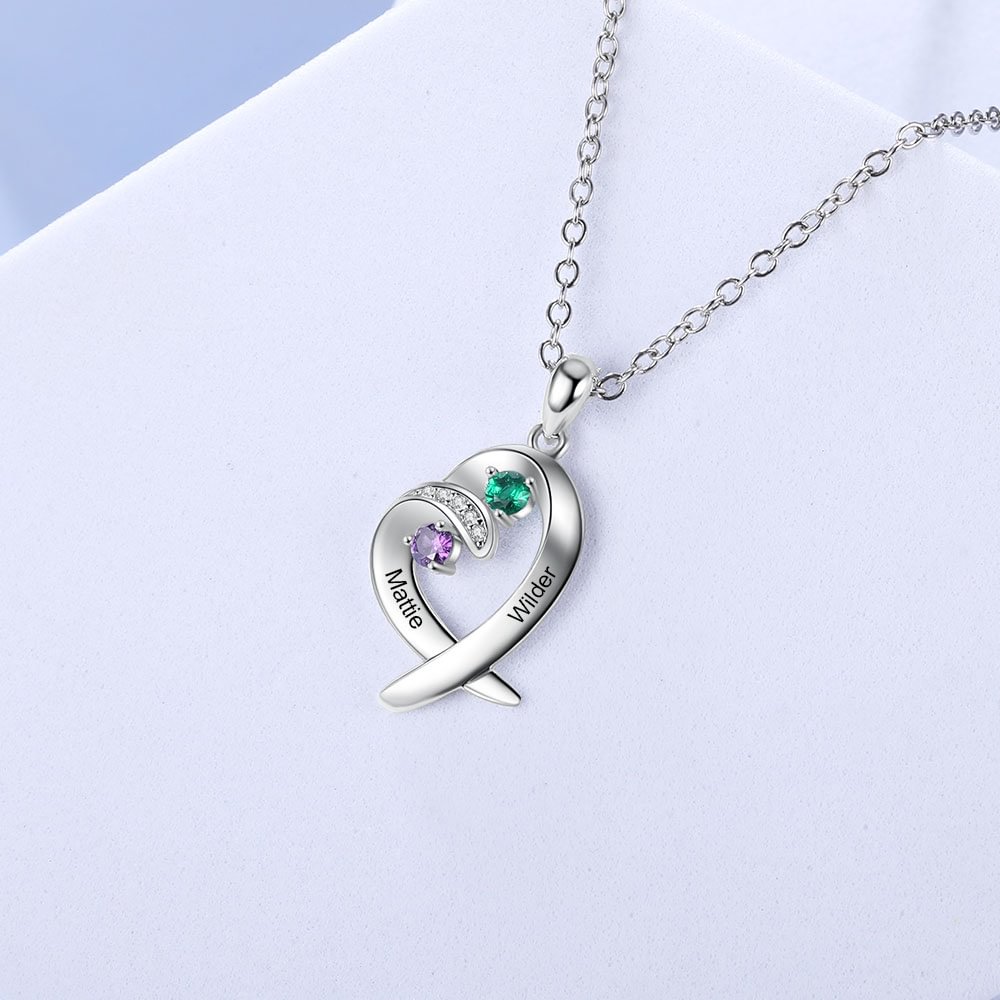 Personalized Heart Necklace With 2 Birthstones Engraved Names Gift For Her