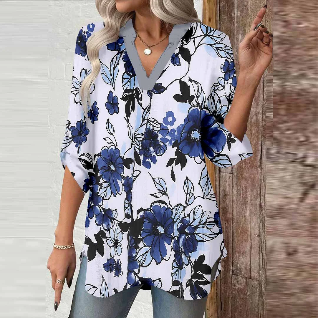 Women Floral,Blue,White DZGA0665 3/4 Sleeve V-neck Printed Graphic Button Tops