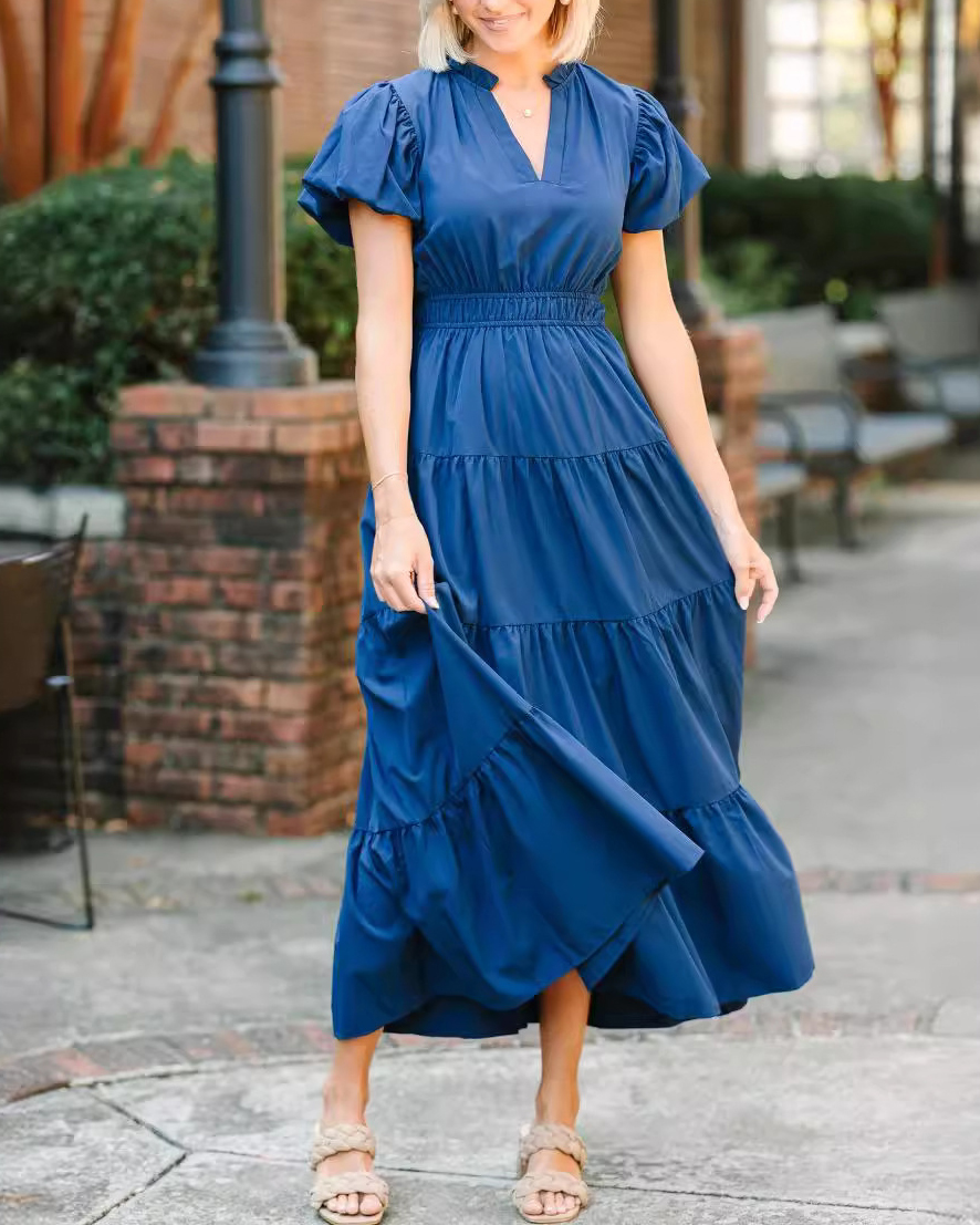 Short Puffed Sleeve V Neck Solid Color Tiered Maxi Dress