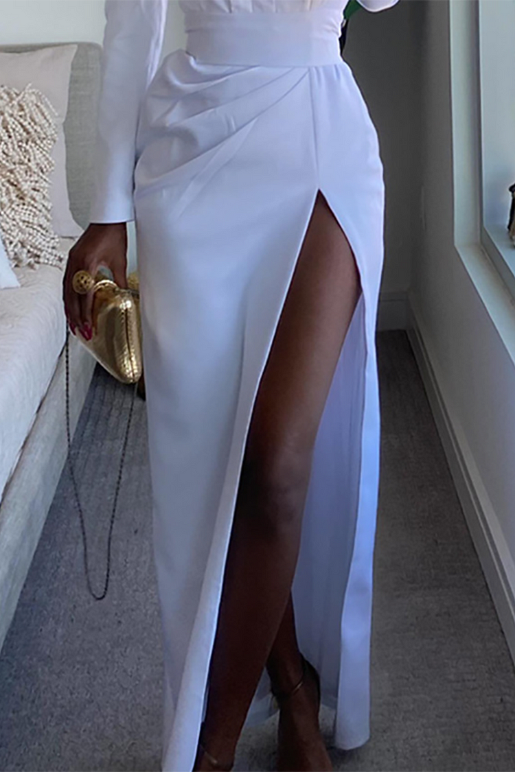 Shoulder Pads Long Sleeve Deep V Neck High Slit Party Maxi Dresses-White