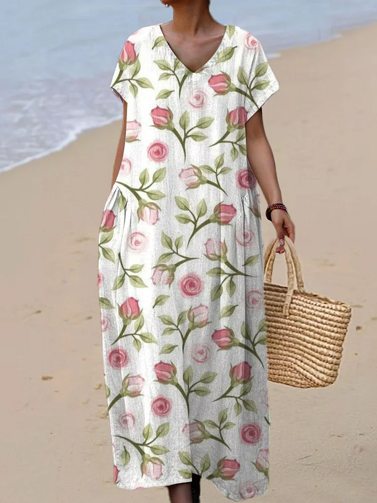 Women's Vintage Flower Art Print Linen And Cotton V-neck Dress