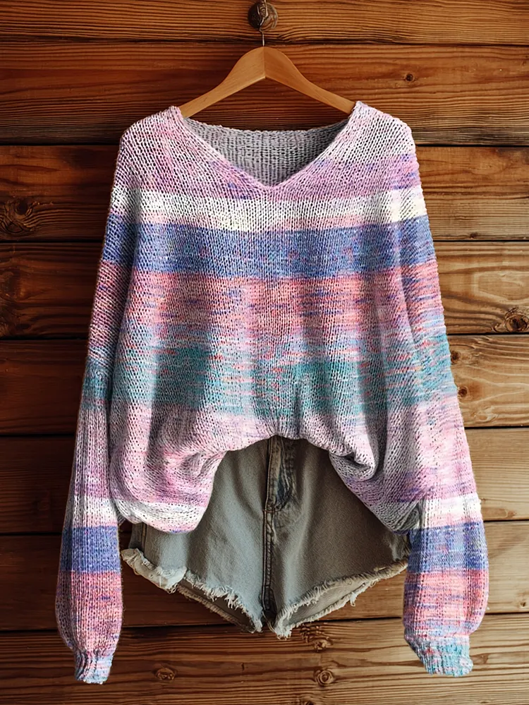 Women's Retro Stripe Print Casual V Neck Pullover Sweater