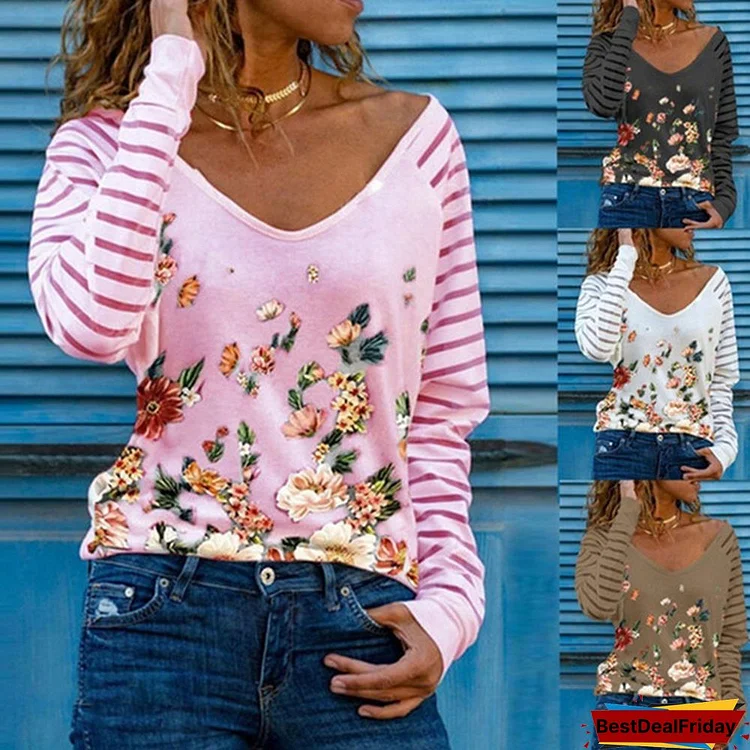 Spring and Summer New Fashion Striped Sleeve Flower Printed Casual Long Sleeve Sun Protection Soft and Comfortable T-shirt Loose Plus Size Lightweight Shirt Top S-3XL