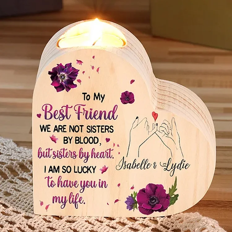 To My Best Friend Violet Flower Heart Candle Holder "I AM SO LUCKY TO HAVE YOU IN MY LIFE" Wooden Candlestick