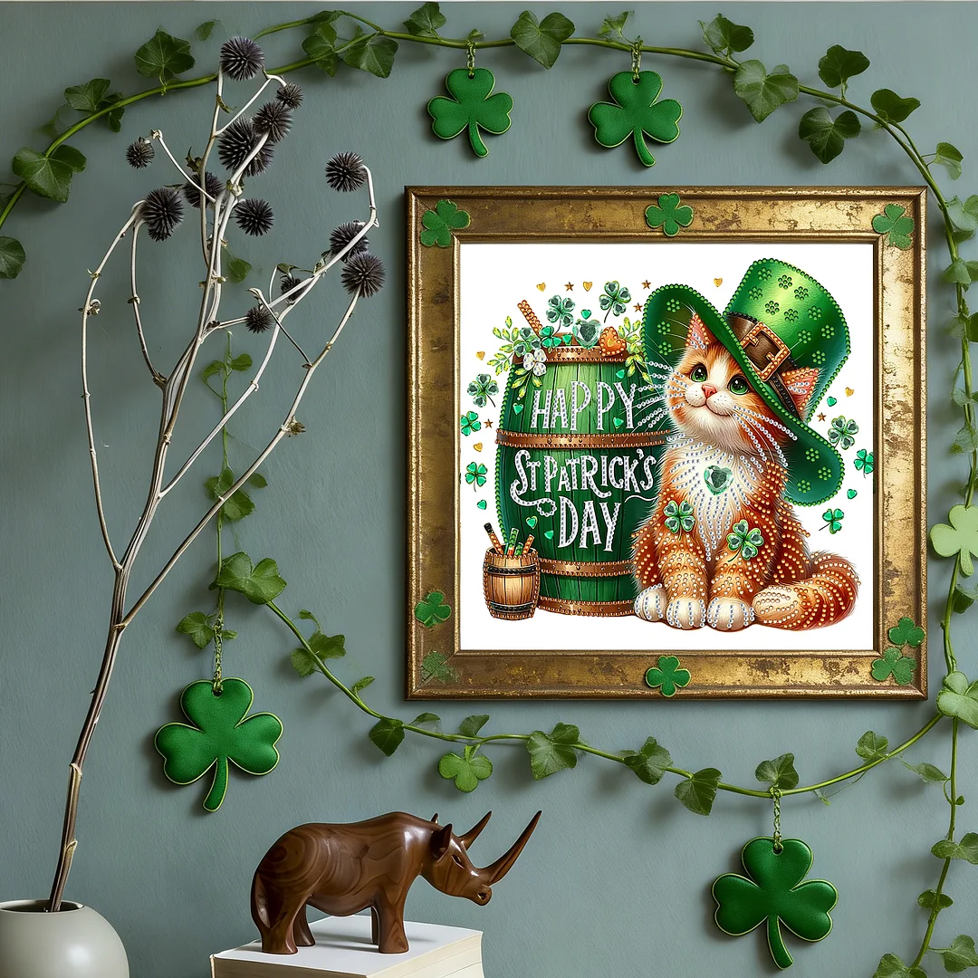 St Patricks Day Cat Special Shaped 5D DIY Partial Drill Diamonds Dots Gem Art Kits for Adults Beginners Home Decor Diamonds Paintings Gem Art 11.81 X11.81inch
