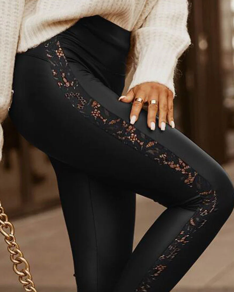 Contrast Lace Split Hem PU Leather Skinny Pants-verytown-Allyzone