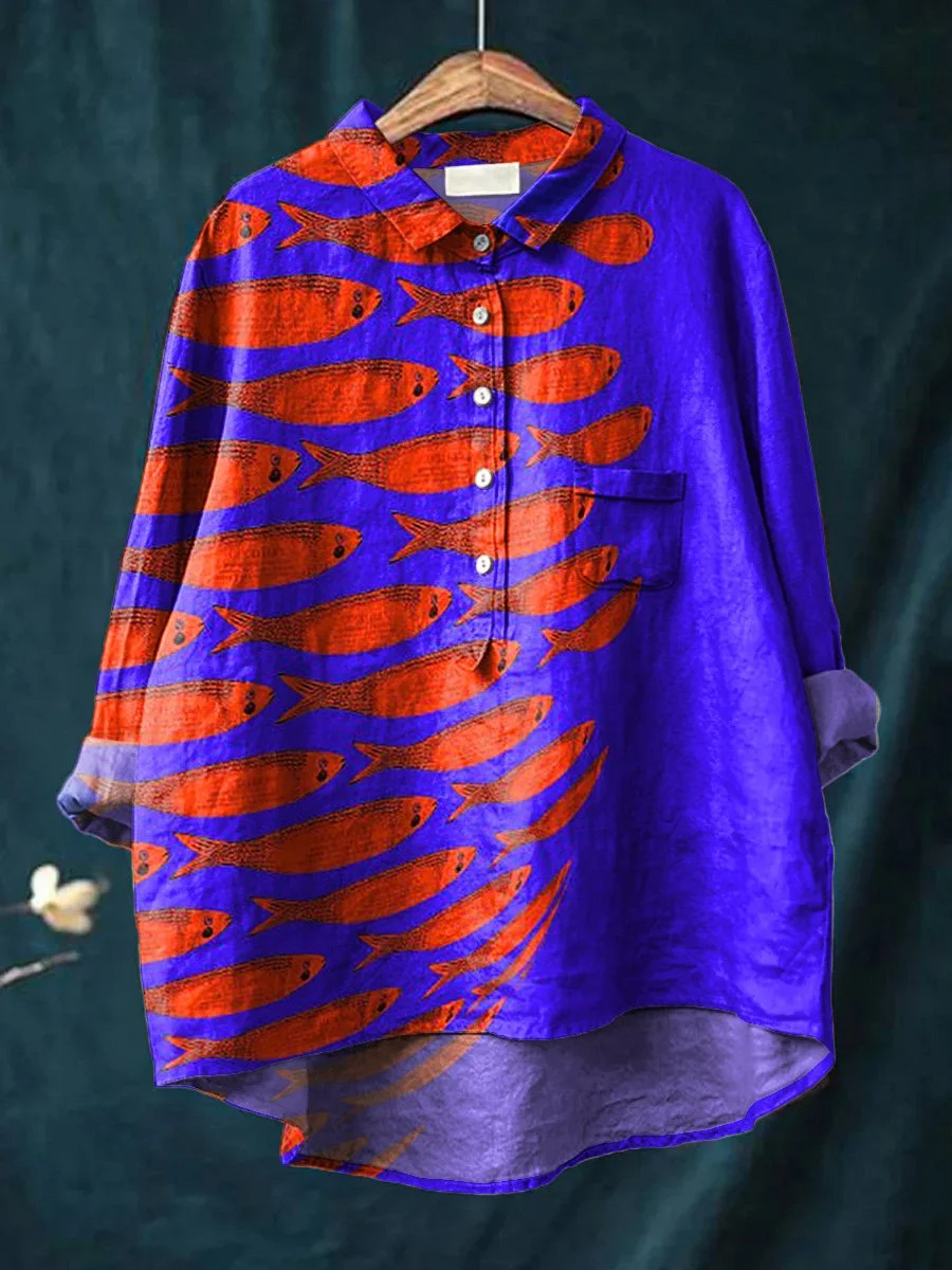 Sardine Fish Swarm Pattern Printed Women's Casual Cotton And Linen Shirt