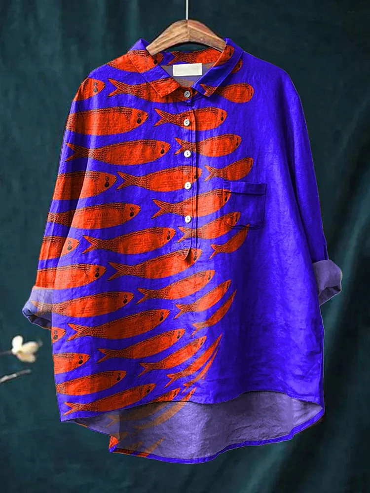 Sardine Fish Swarm Pattern Printed Women's Casual Cotton And Linen Shirt