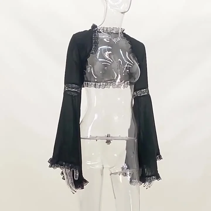 Brownm Spring And Summer New Dark Lace Lace Horn Sleeves Casual Black Blouse