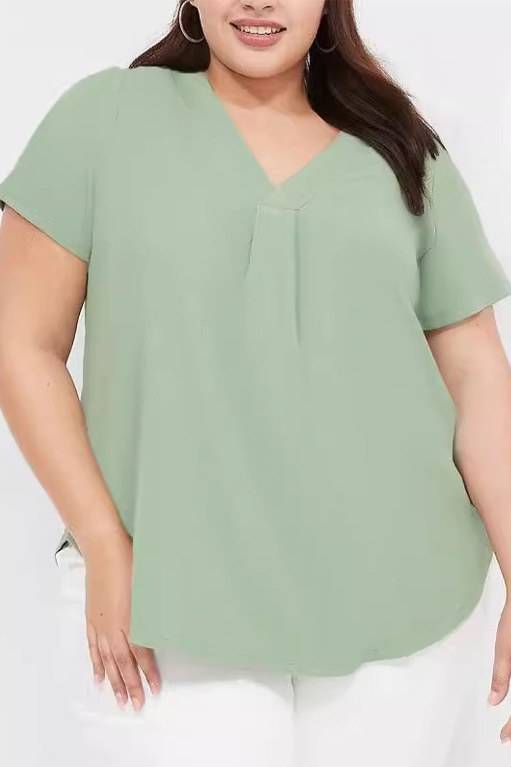 Plus Size Everyday Black Solid Chest Pleated Short Sleeve Blouse 2024 - Flycurvy 