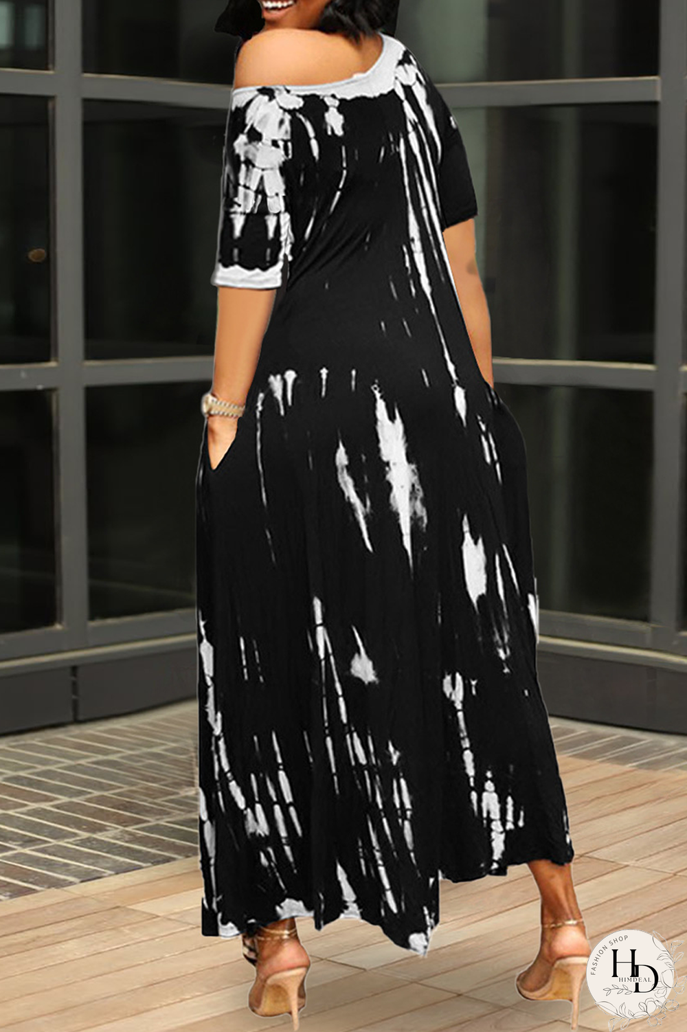 Tangerine Red Casual Print Split Joint One Shoulder Irregular Dress Dresses