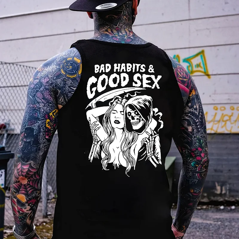 BAD HABITS & GOOD SEX Skull with Sexy Lady Black Print Vest