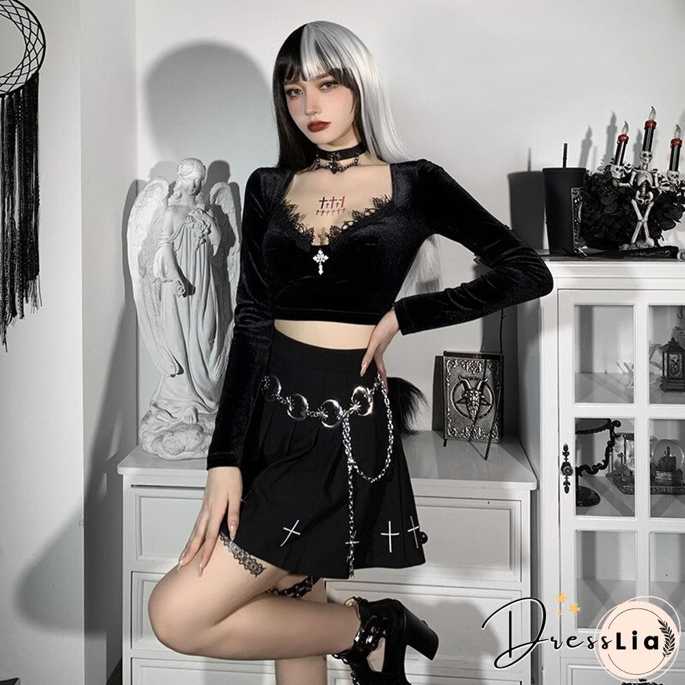 Sexy V Neck Velvet T Shirts Women Lace Patchwork Long Sleeve Black Top Female Dark Goth Short Slim Fit Tee Tops Mujer Harajuku