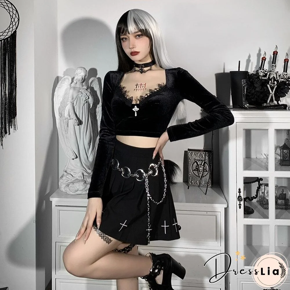 Sexy V Neck Velvet T Shirts Women Lace Patchwork Long Sleeve Black Top Female Dark Goth Short Slim Fit Tee Tops Mujer Harajuku