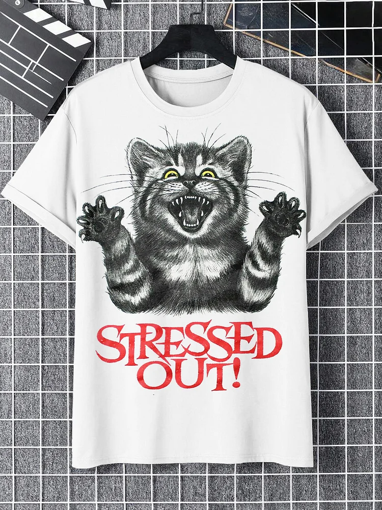 Men's Stressed Out Cat Humor Art Print T-Shirt