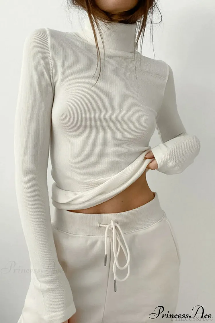 White Turtleneck Slim Knit Long Sleeve Tee