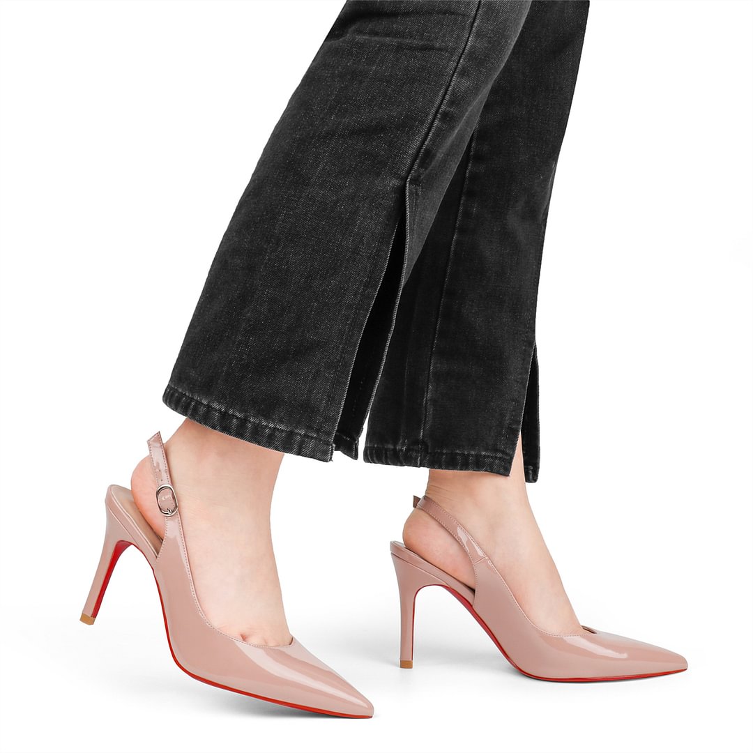 90mm Women's Pointed Toe Slingback Heels Red Bottoms Pumps Comfortable Dress Shoes-vocosishoes