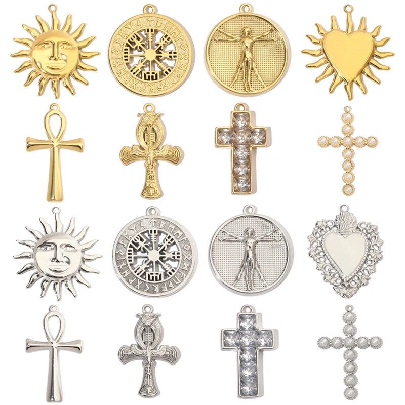 3 PCS/Package 25*44mm 35*40mm 37*40mm Titanium Steel Pearl Zircon Cross Sun Heart Shape Pendant Jewelry Accessories