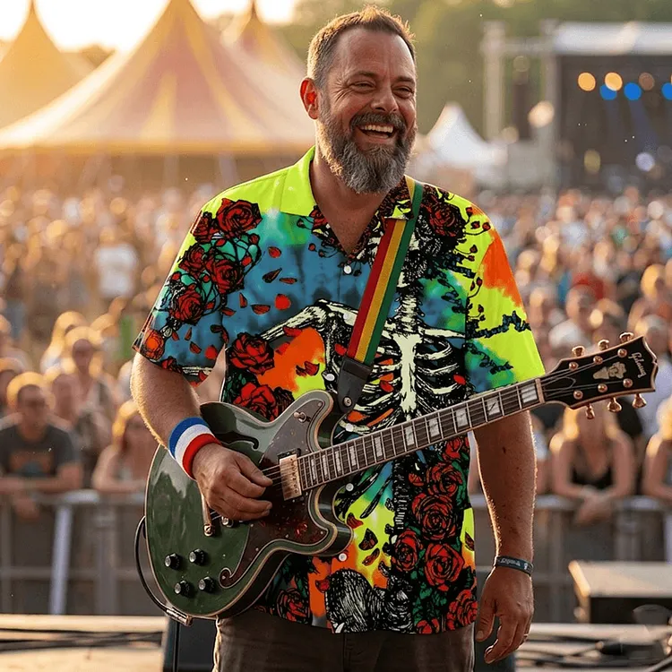 Vintage Grateful Dead Skull & Bear &Terrapin Graphic Cuban Collar Short Sleeve Shirt &ndash; Unisex Retro Cotton Top