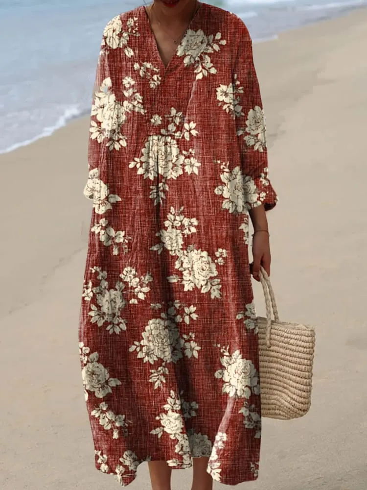 Womens Vintage Rose Floral Pattern Print Casual Dress