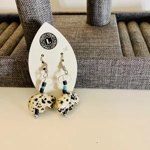 pornhint Pornhint Zuni Fetish Carved Animal Buffalo in Dalmatian Jasper with Black Onyx and Turquoise Penshell earrings