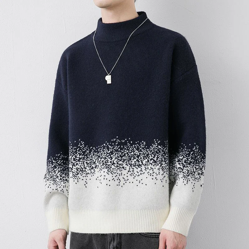 Wildrems fall 2024 fashion trend Fashion Stand Collar Spliced Casual Gradient Sweaters Men's Clothing 2024 Winter Loose Knitted pullovers All-match Korean Tops