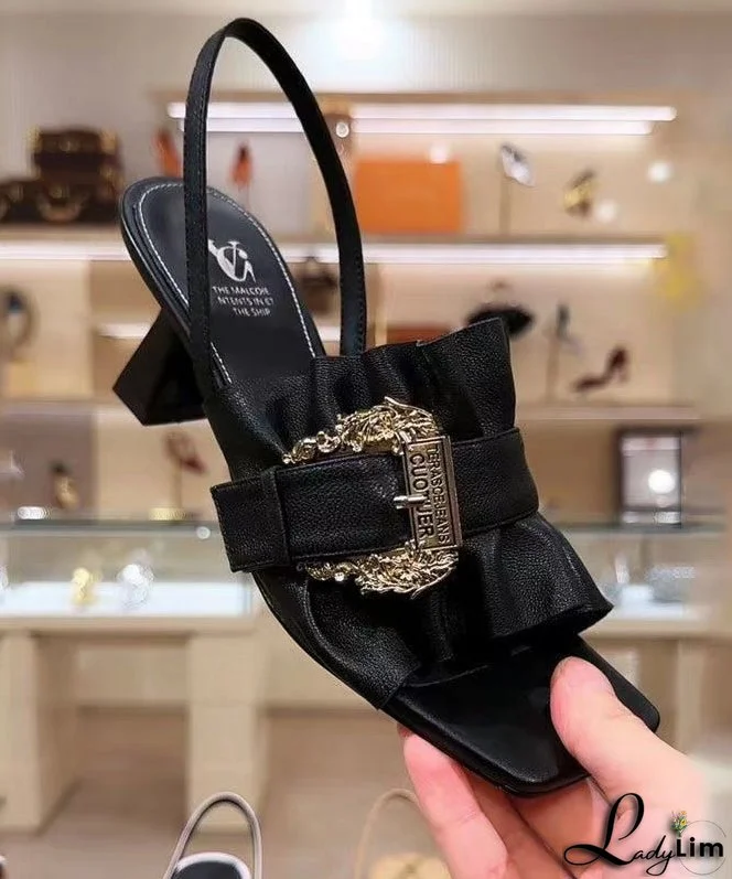 French Chunky Heel Sandals Peep Toe Black Cowhide Leather