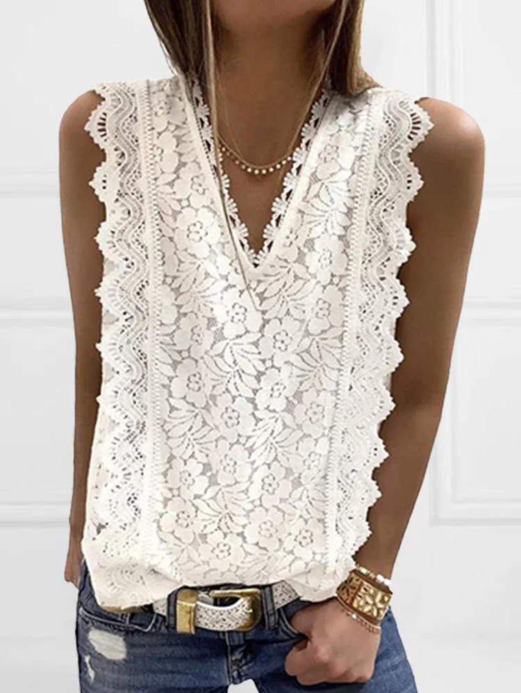 Elegant V-Neck Plain Lace Spliced Sleeveless Loose Tank Top