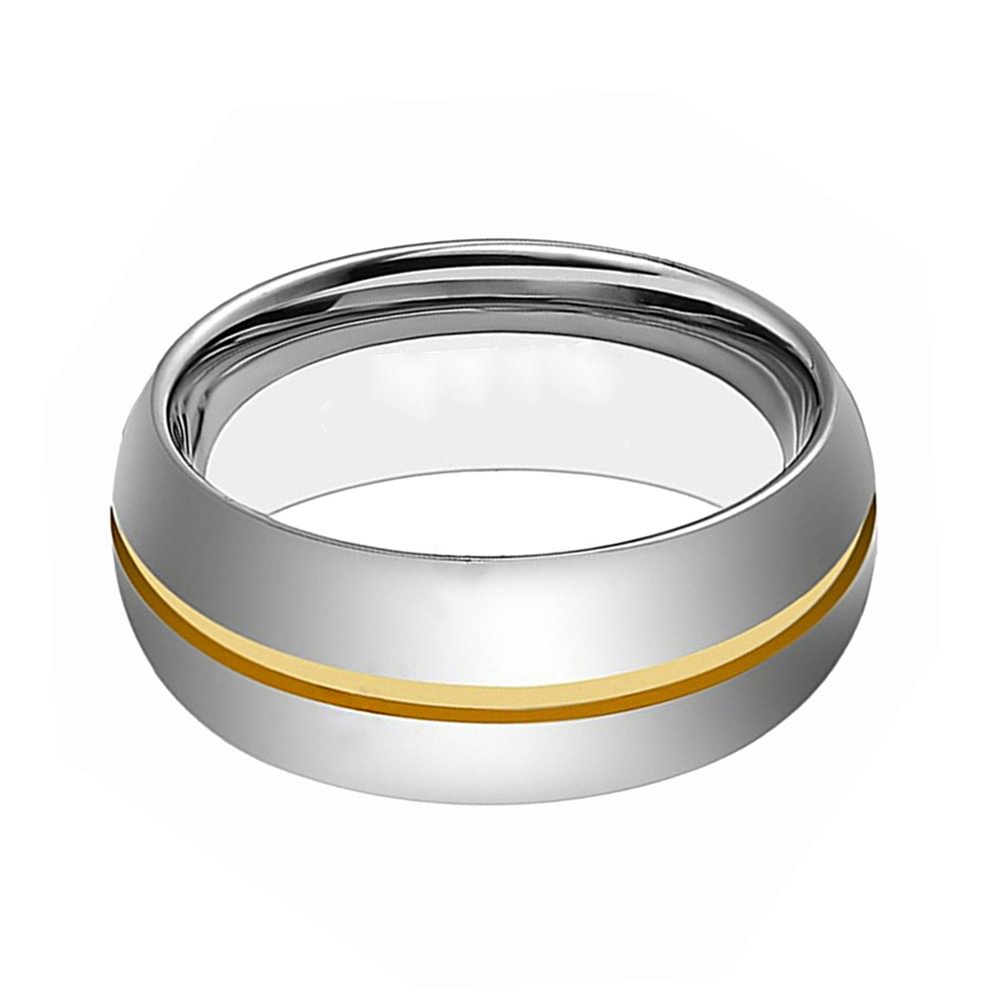 8MM Silver Full Arc High Polished Tungsten Ring Gold Inlay