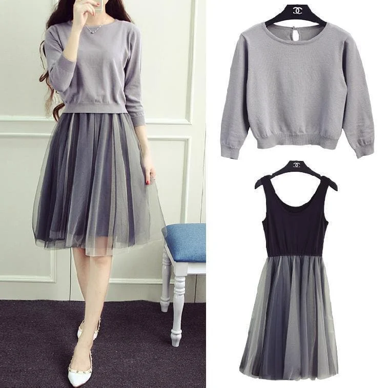 Black/Grey Students Knitting Sweater & Dress Set SP1710806