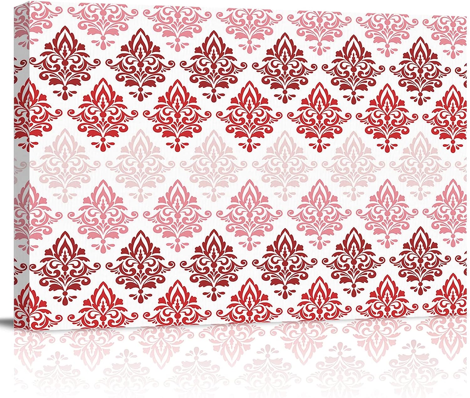 SSEVITEY Oil Painting Print on Canvas Framed Wall Art Gradient Red Damask Artwork Canvas Picture Prints for Bedroom Living Room Bathroom Decoration Victorian Floral Pattern 12x16in