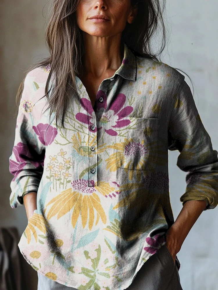 Women's Vintage Flower Art Print Casual Cotton And Linen Shirt