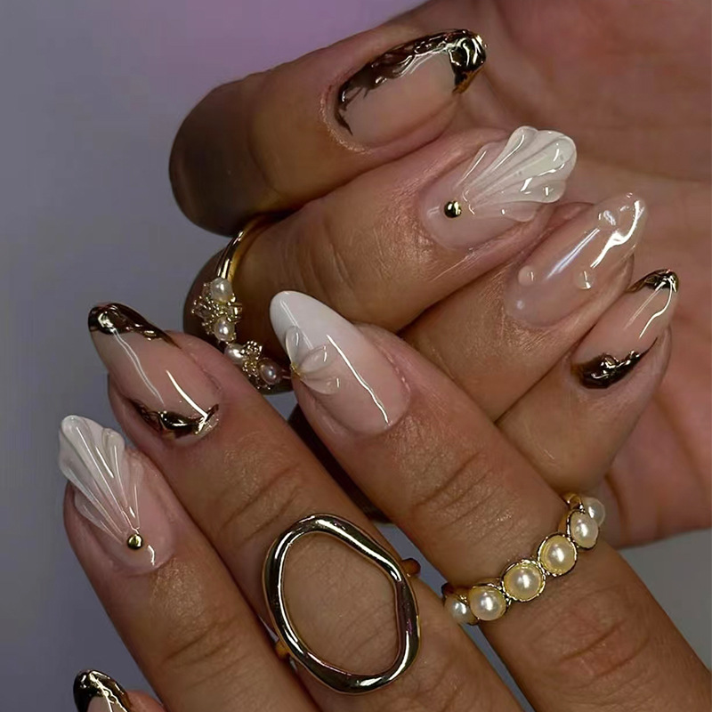 Damokan 24Pcs Simple French Nails Art Tips Fake Nails 3D Design Wearable Full Cover False Nail Mid-length Almond Reusable Press on Nails