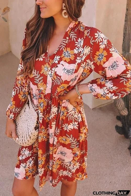 Floral Print Long Sleeve Mini Dress