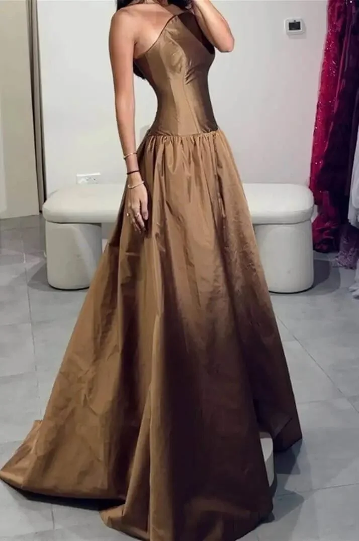 Miabel Simple Brown Satin Sleeveless Strapless A Line Long Prom Dress with Pleated  