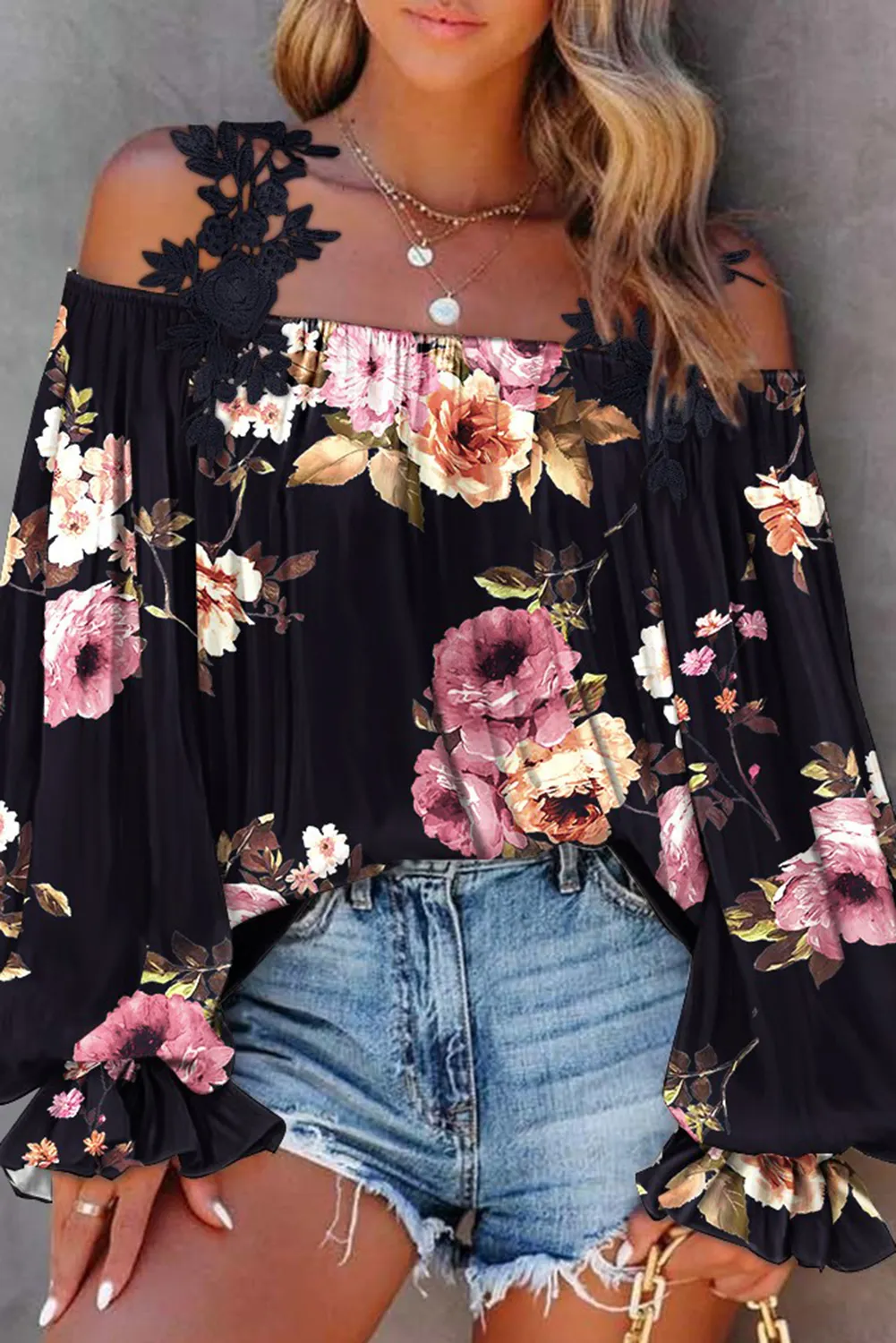 Black Floral Print Lace Patchwork Loose Cold Shoulder Blouse